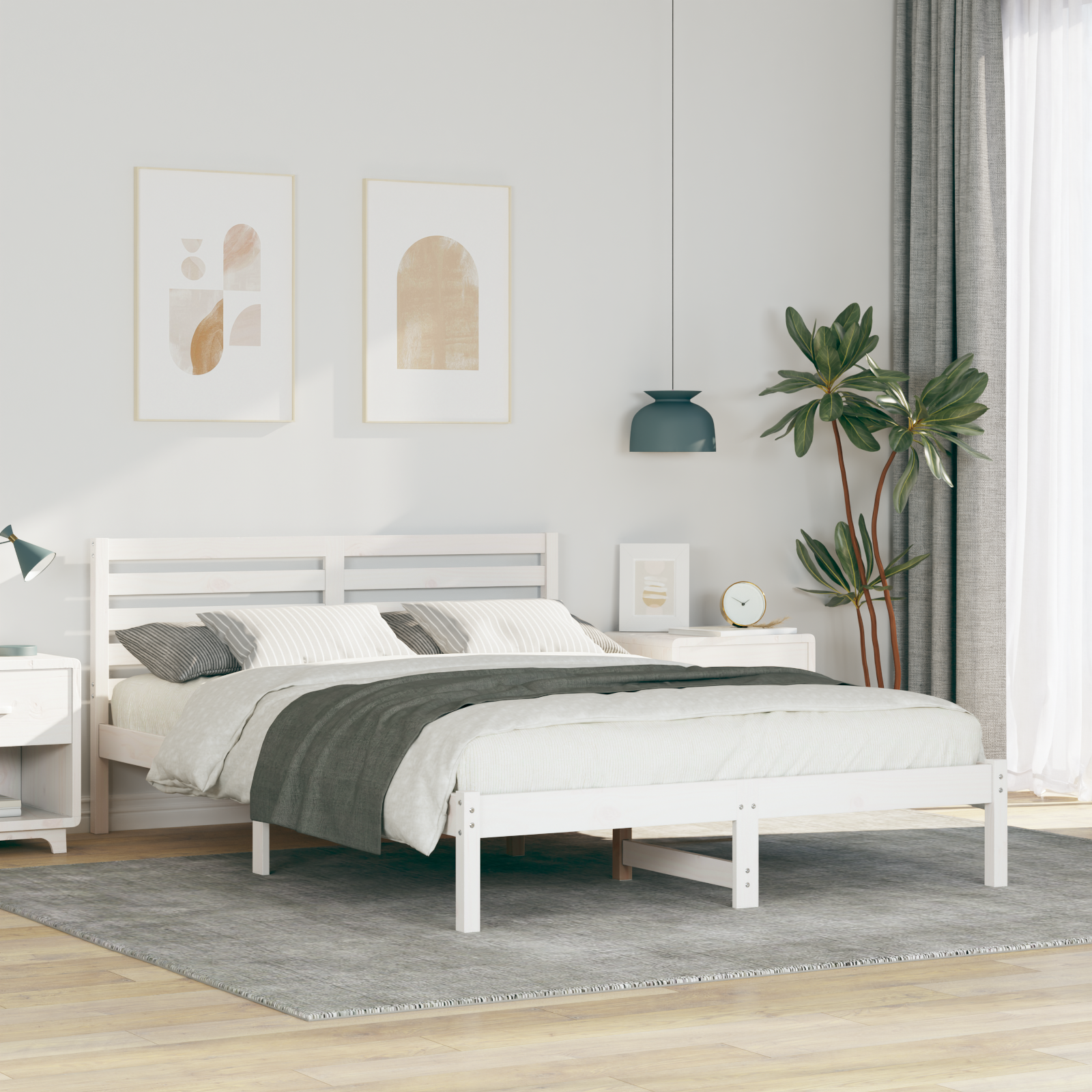 Sängram med huvudgavel Vit 140 x 210 cm Massiv furu