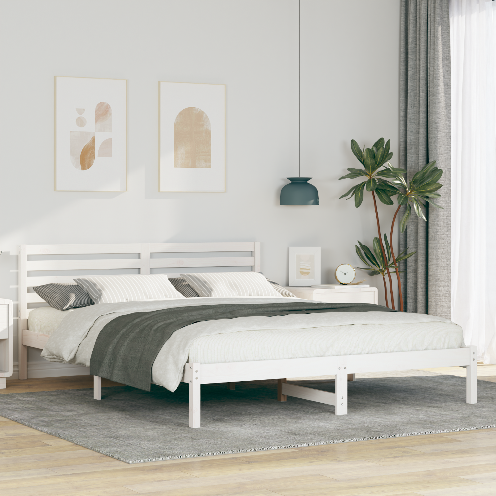 Sängram med huvudgavel Vit 160 x 210 cm Massiv furu