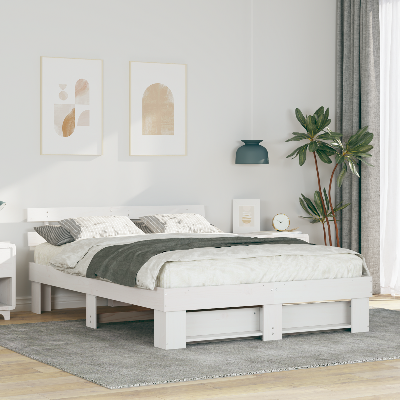 Sängram med huvudgavel Vit 160 x 200 cm Massiv furu