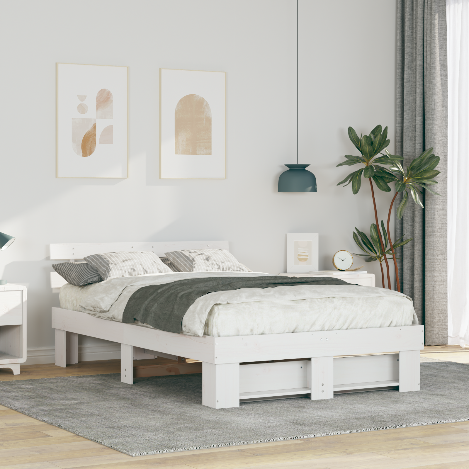 Sängram med huvudgavel Vit 140 x 190 cm Massiv furu