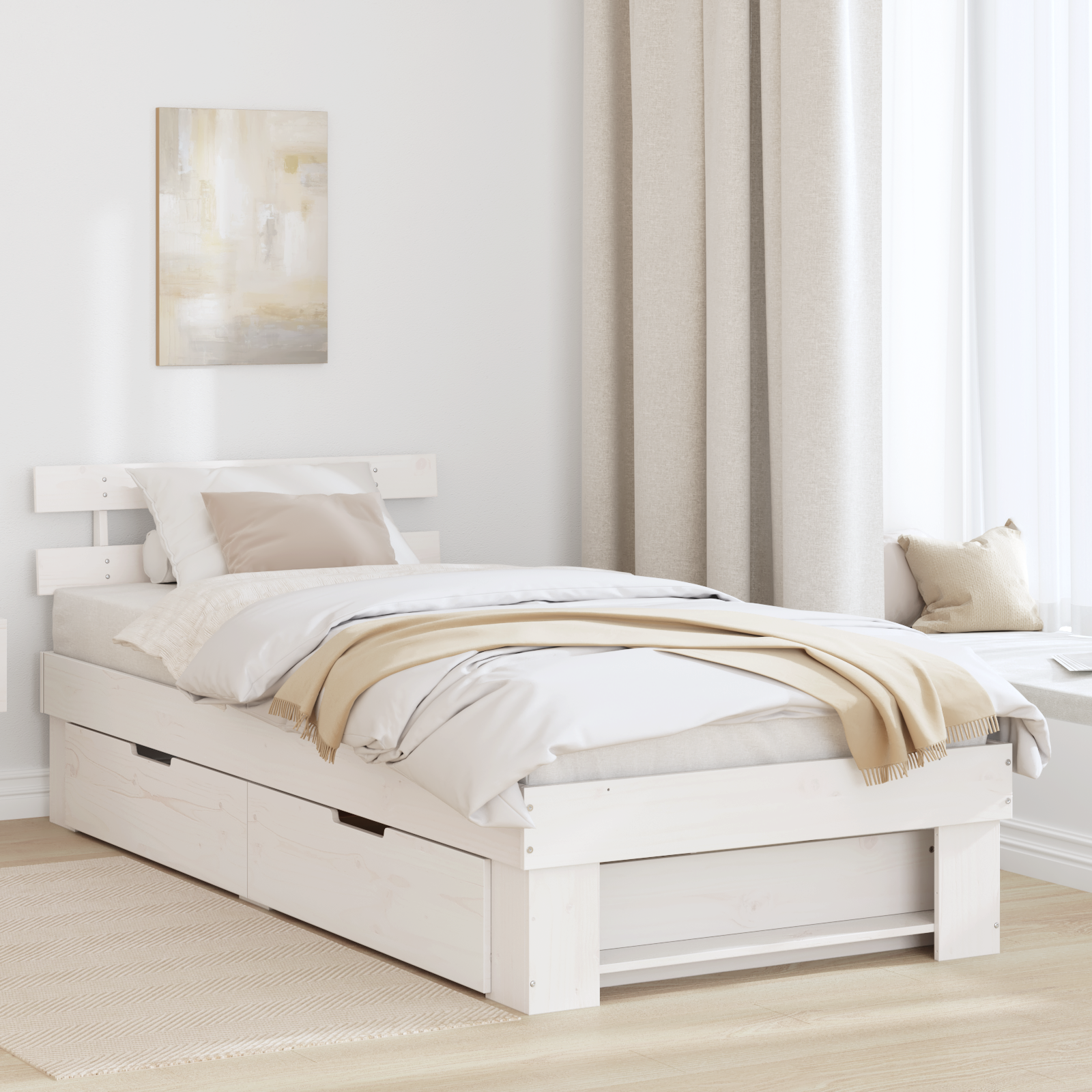 Sängram med huvudgavel med låda Vit 90 x 190 cm Massiv furu