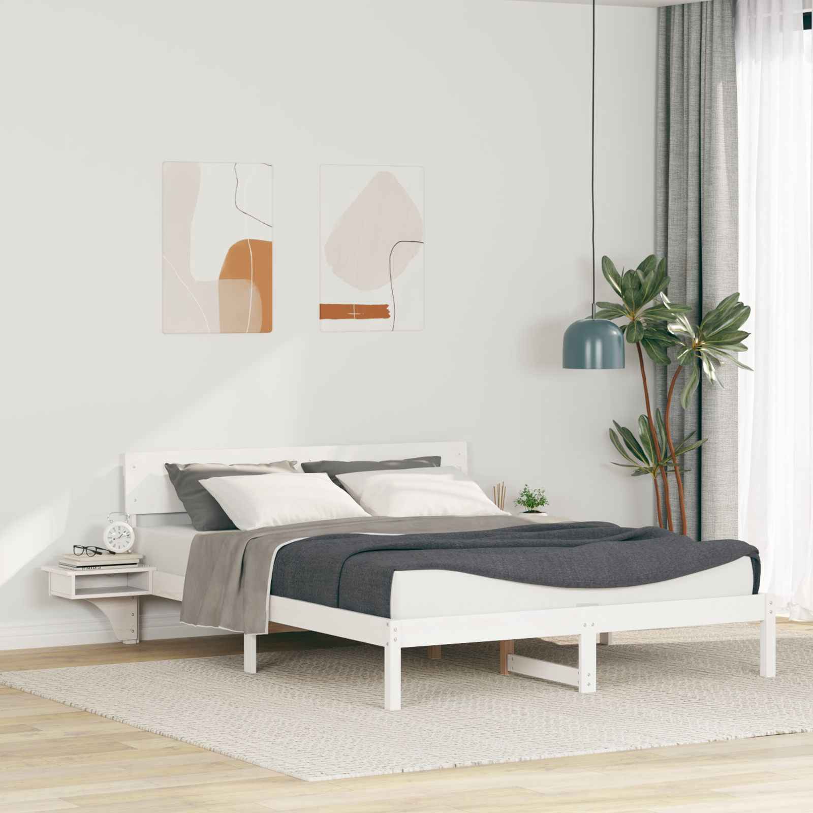 Sängram med huvudgavel Vit 150 x 200 cm Massiv furu