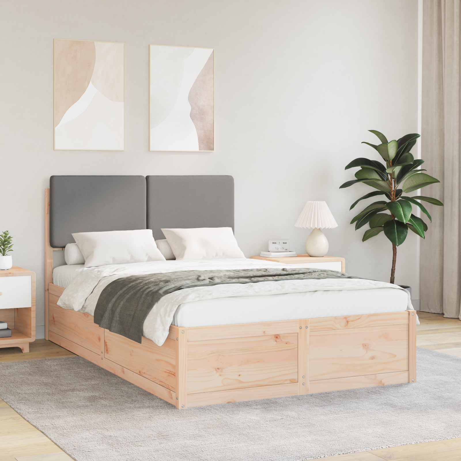 Sängram med Klädd Huvudgavel Ljusgrå 120 x 200 cm Massiv furu