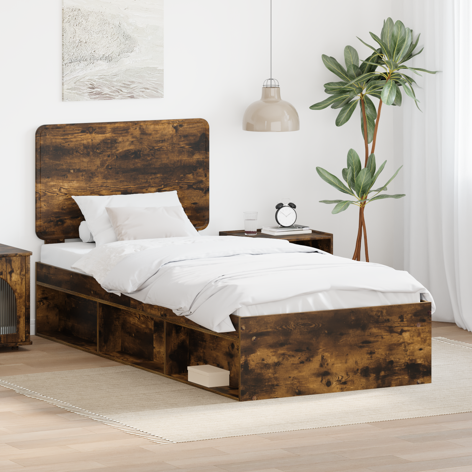 Sängram med huvudgavel Rökt ek 100 x 200 cm Massiv furu