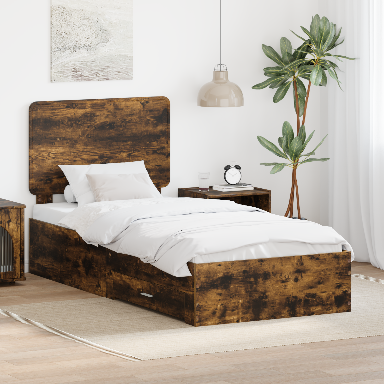 Sängram med huvudgavel Rökt ek 100 x 200 cm Konstruerat trä