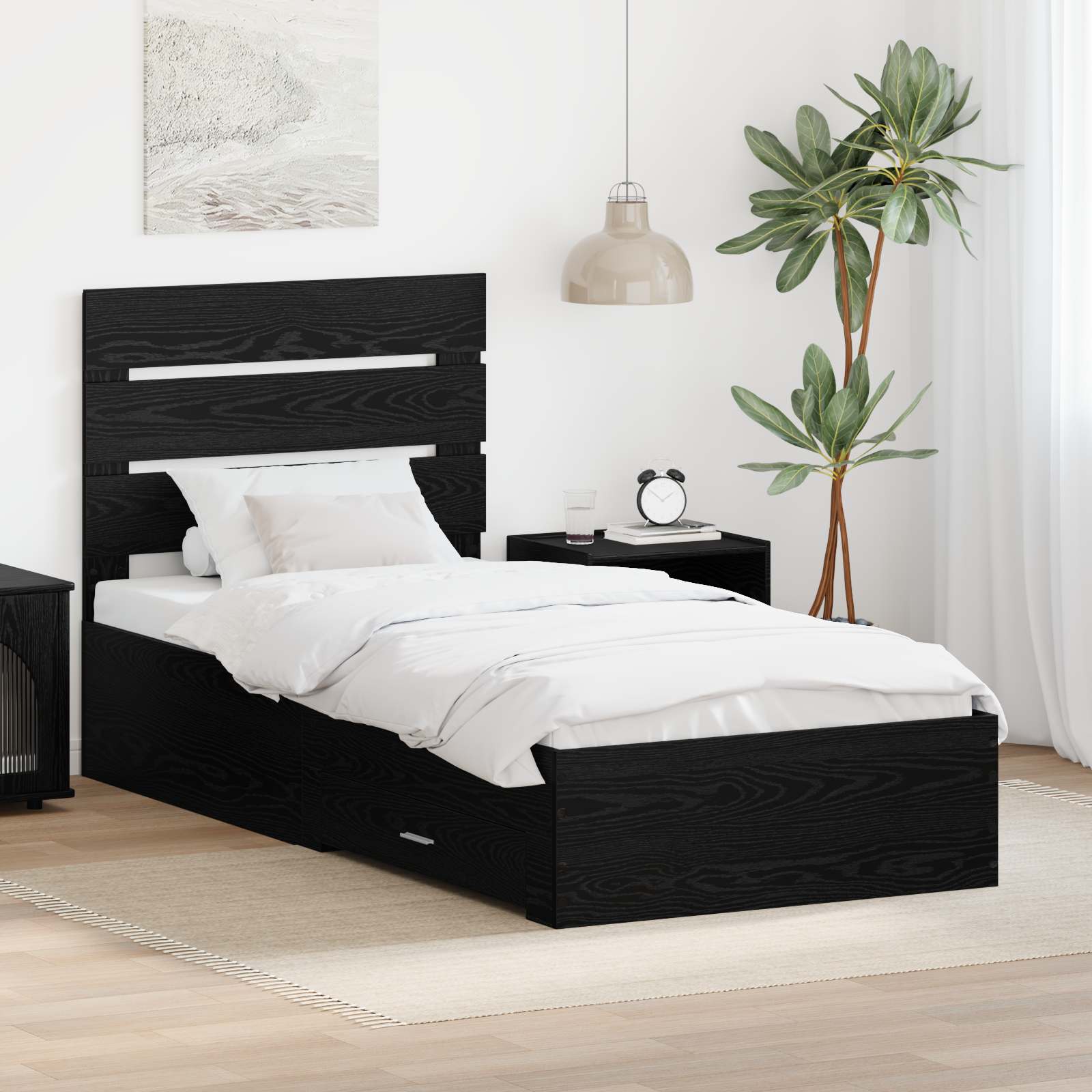 Sängram med låda Svart Ek 90 x 190 cm Konstruerat trä