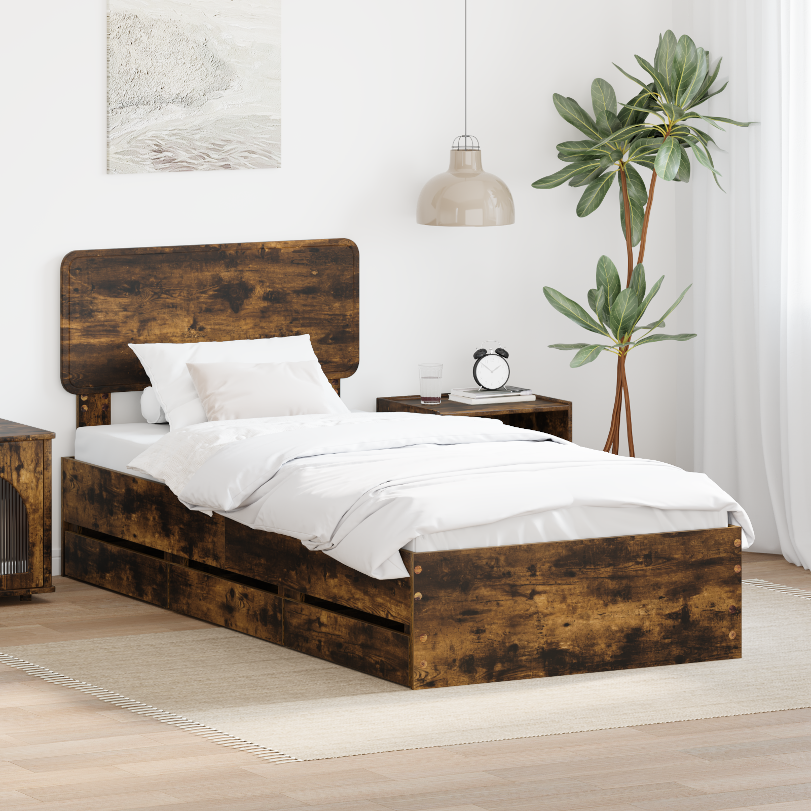 Sängram med låda Rökt Ek 90 x 190 cm Konstruerat trä
