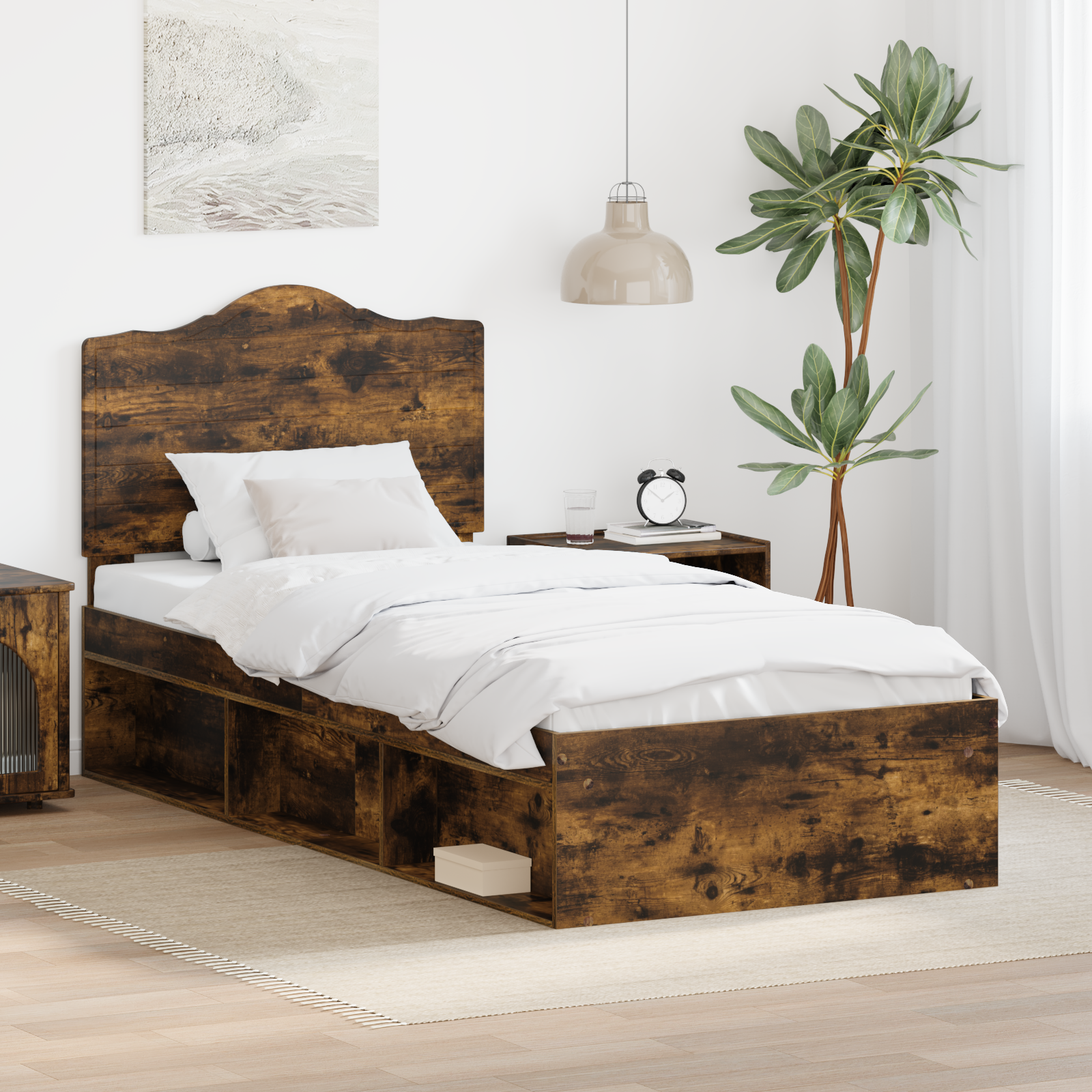 Sängram med huvudgavel Rökt ek 100 x 200 cm Massiv furu