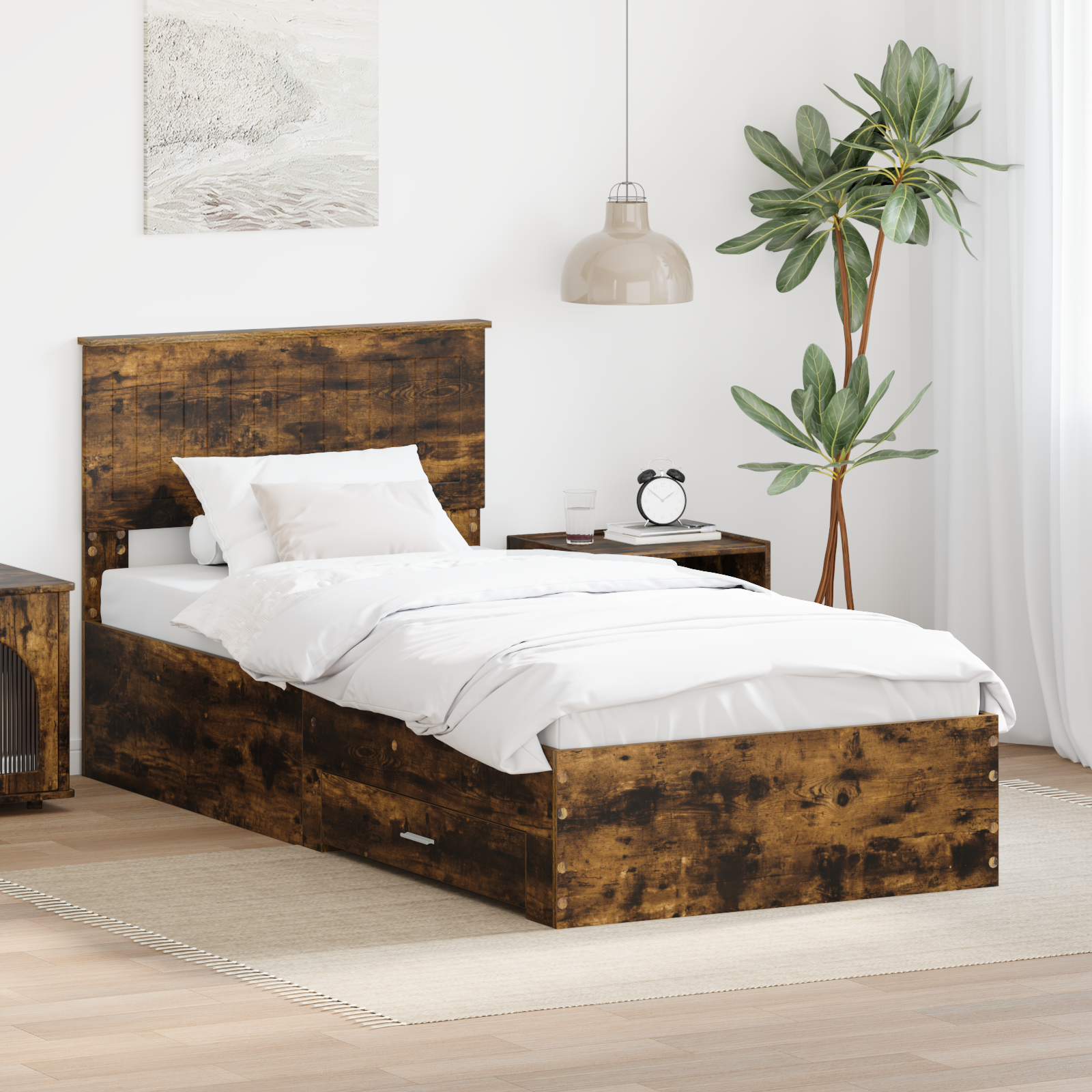 Sängram med låda Rökt ek 90 x 200 cm Konstruerat trä