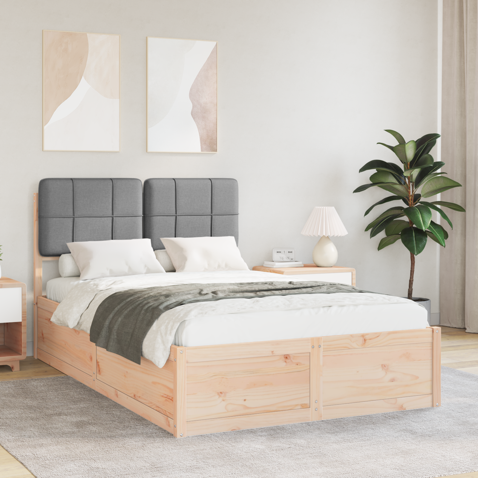 Sängram med Klädd Huvudgavel Ljusgrå 120 x 190 cm Massiv furu