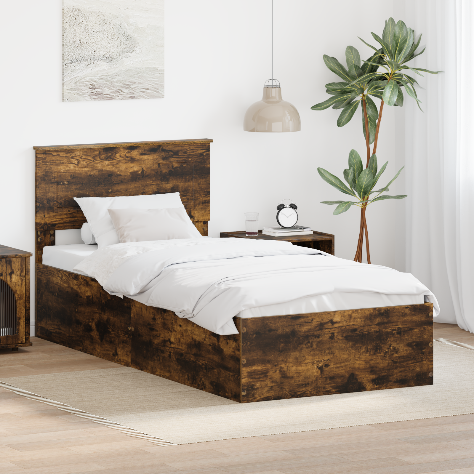 Sängram med huvudgavel Rökt ek 90 x 200 cm Konstruerat trä