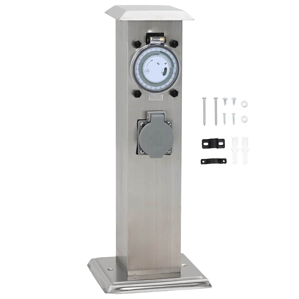 Pelare i rostfritt stål med utomhusuttag och timer