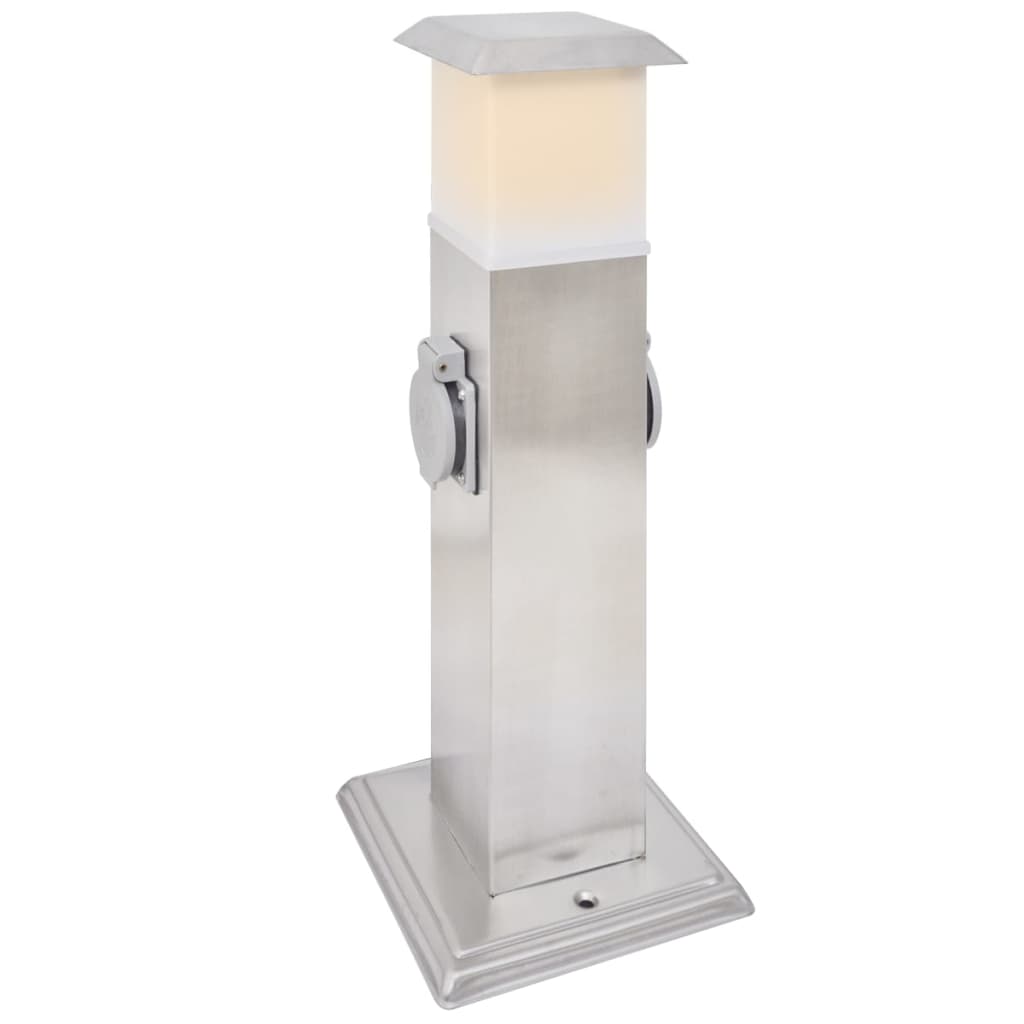 Pelare i rostfritt stål med utomhusuttag och lampa