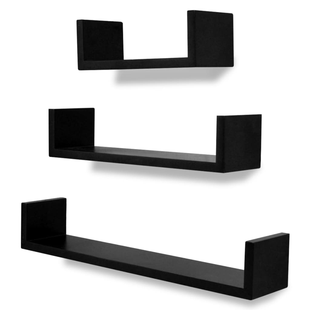 Flytande U-formade bokhyllor 3 st MDF svart