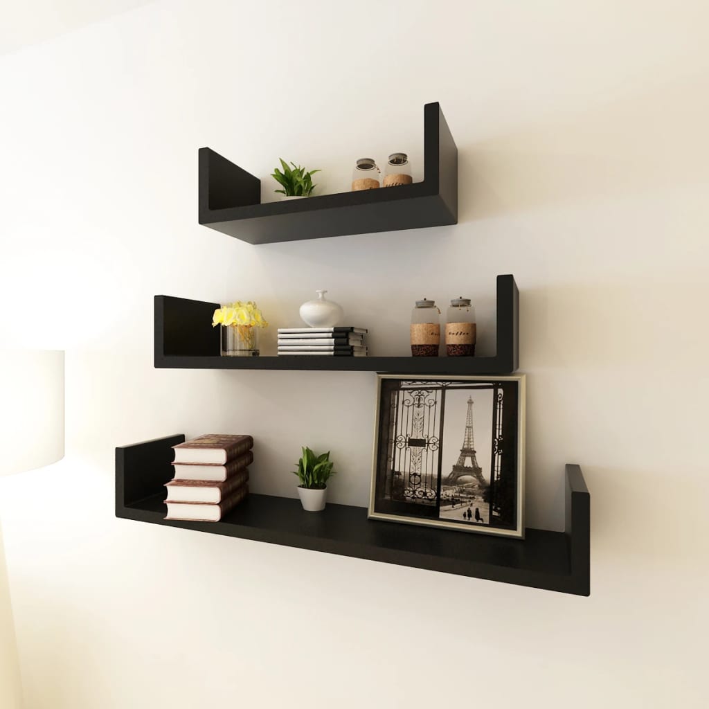 Flytande U-formade bokhyllor 3 st MDF svart