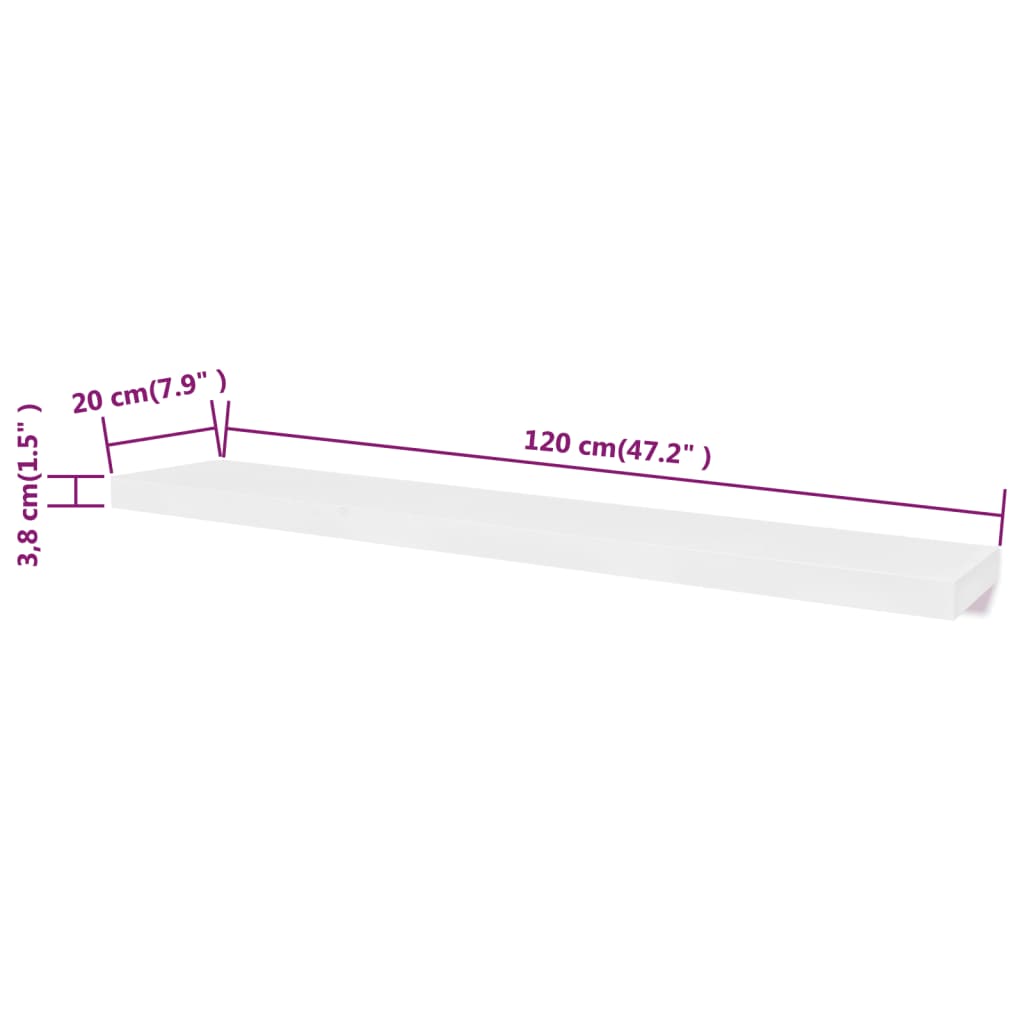 2 Flytande vägghyllor i MDF 120x20x3,8 cm vit