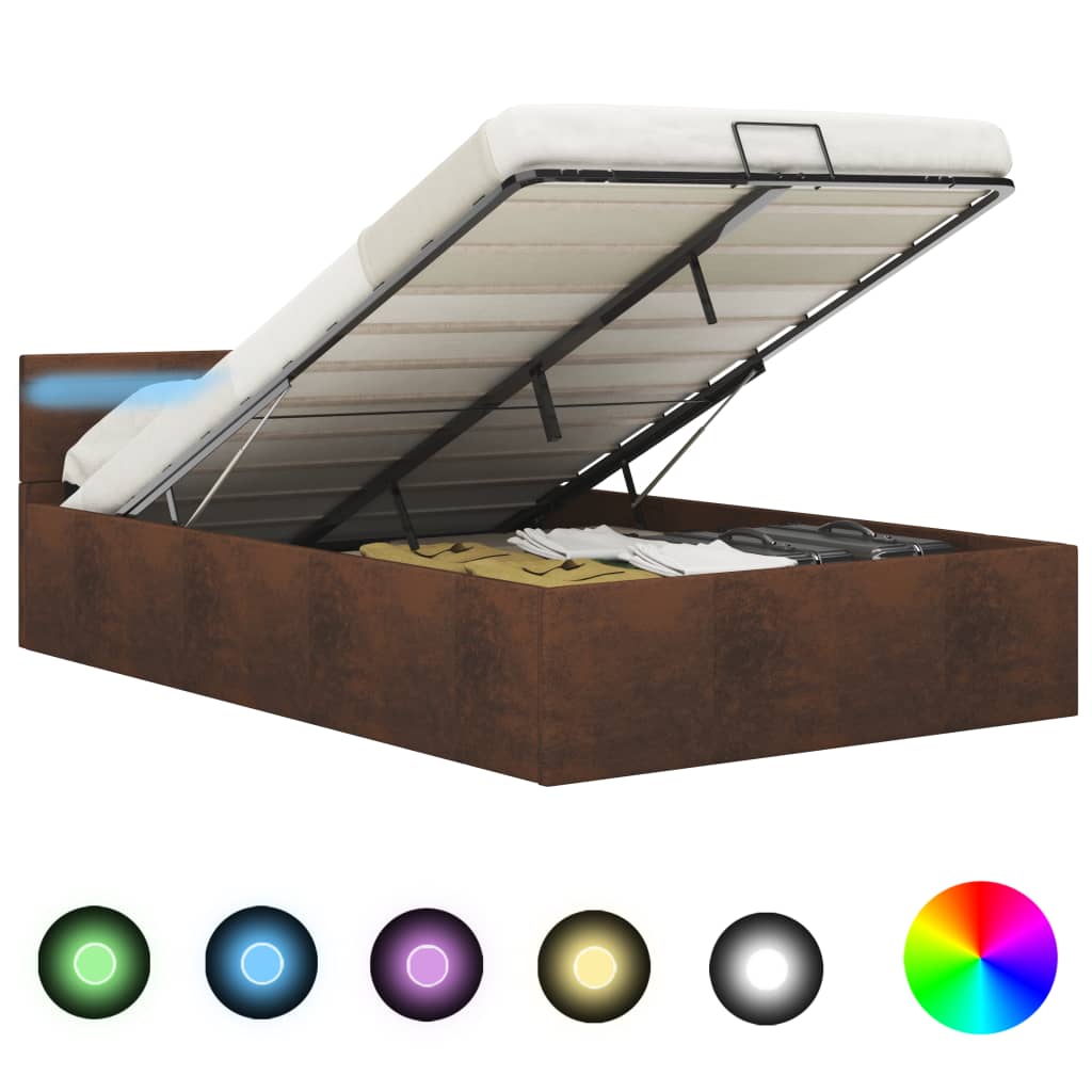 Sängram med hydraulisk förvaring med LED brun tyg 120x200 cm