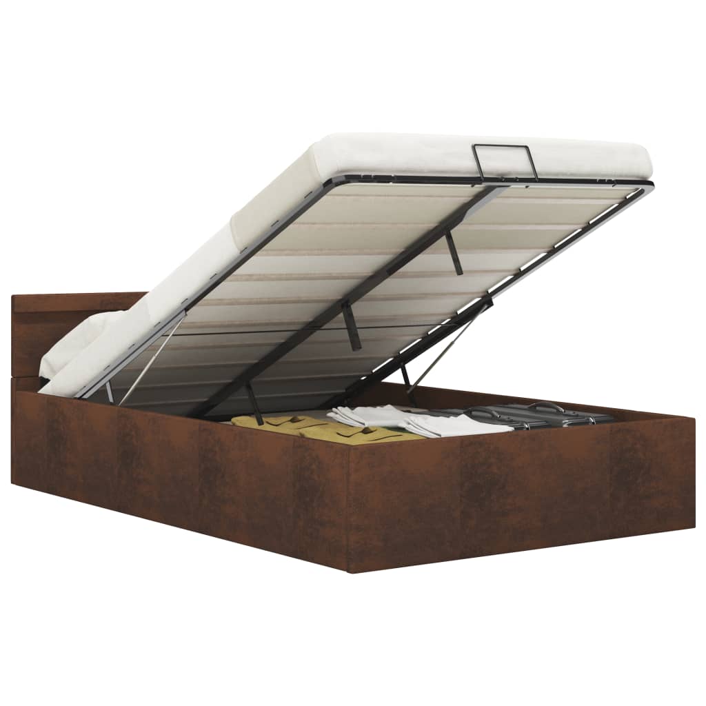 Sängram med hydraulisk förvaring med LED brun tyg 120x200 cm