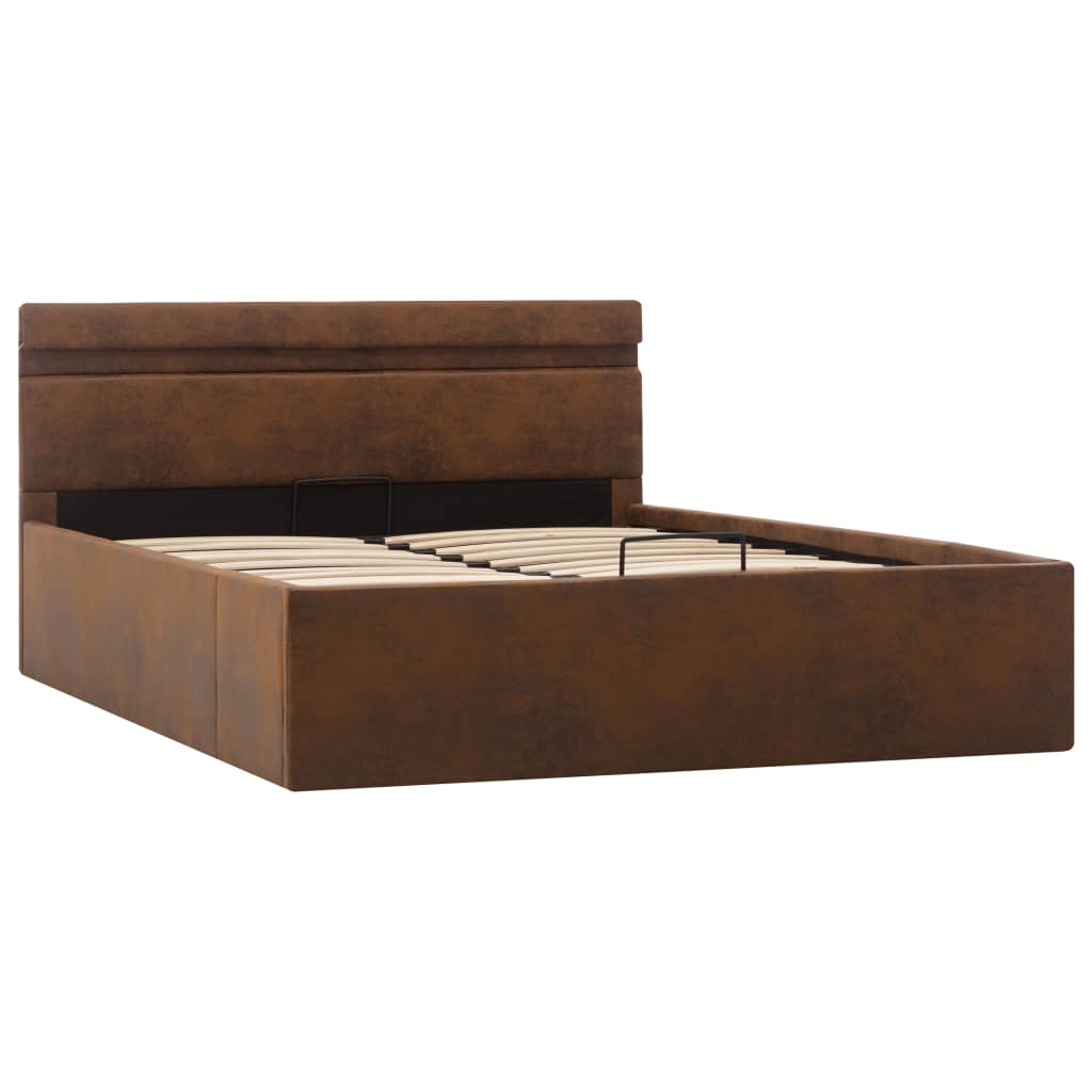Sängram med hydraulisk förvaring med LED brun tyg 120x200 cm