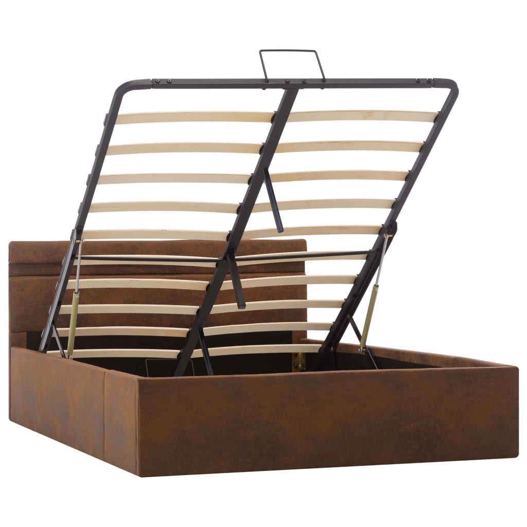 Sängram med hydraulisk förvaring med LED brun tyg 120x200 cm