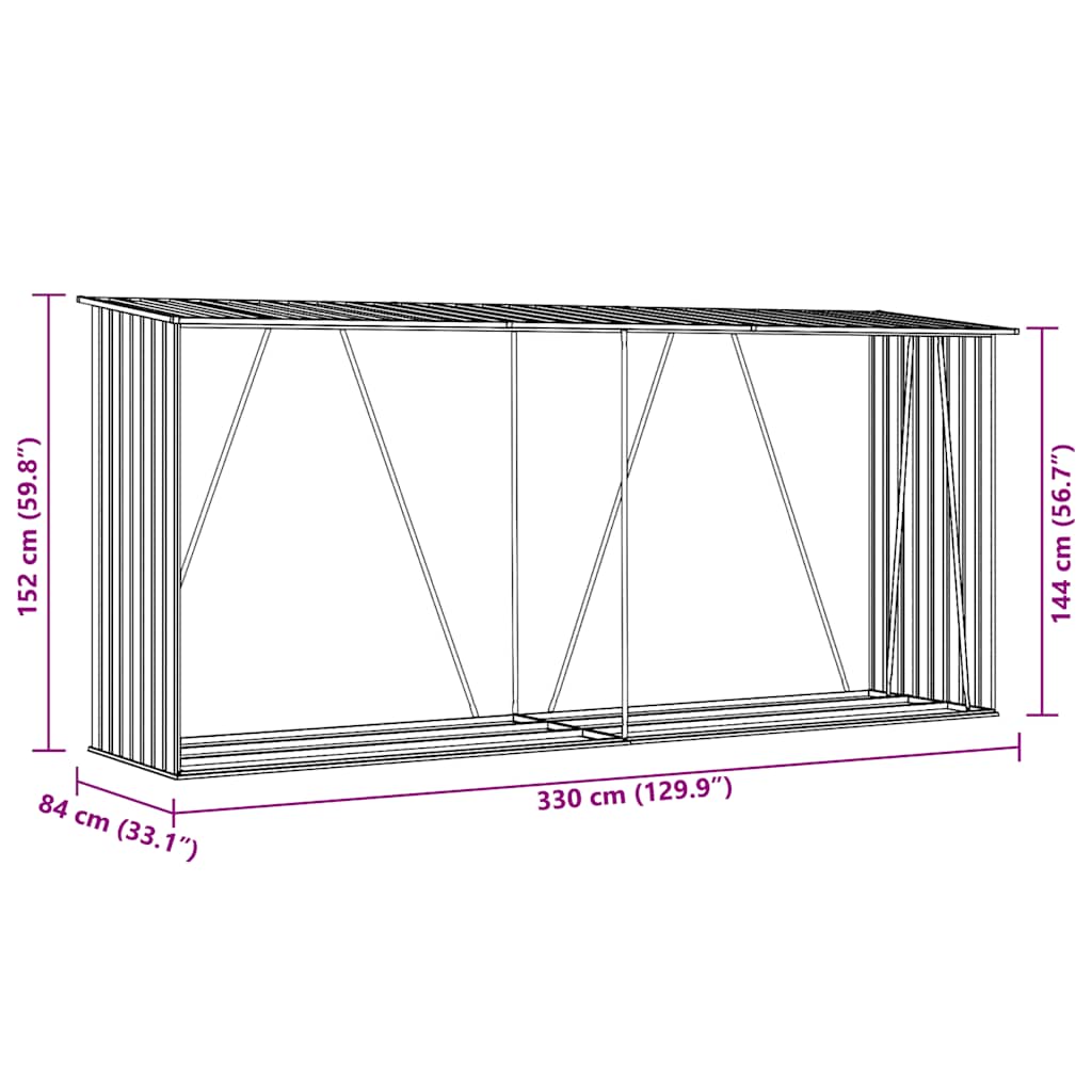 Vedskjul i galvaniserat stål 330x84x152 cm brun