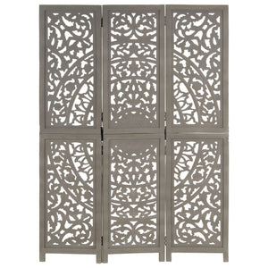 Rumsavdelare 3 paneler handsnidad grå 120x165 cm mangoträ