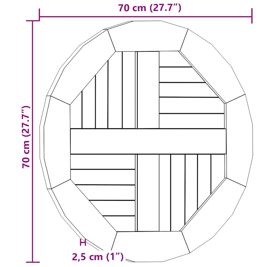 Bordsskiva i massiv teak rund 2,5 cm 70 cm
