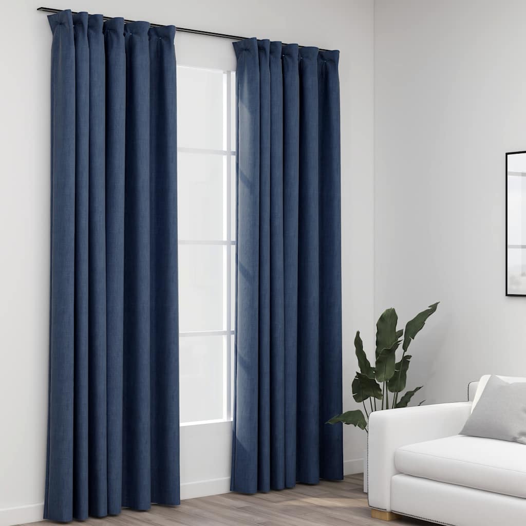 Mörkläggningsgardiner med krokar linnelook 2 st blå 140x245 cm