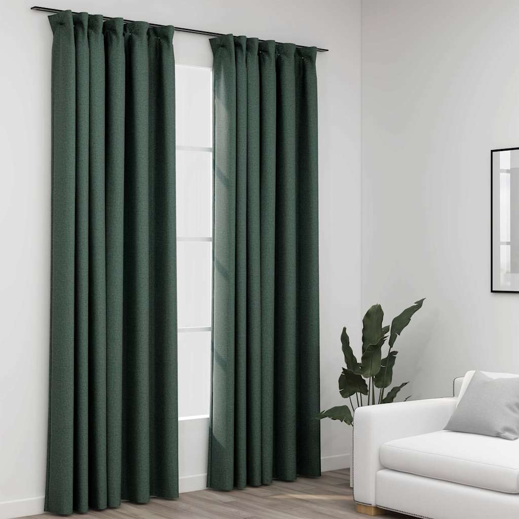 Mörkläggningsgardin med krokar linnelook 2 st grön 140x245 cm