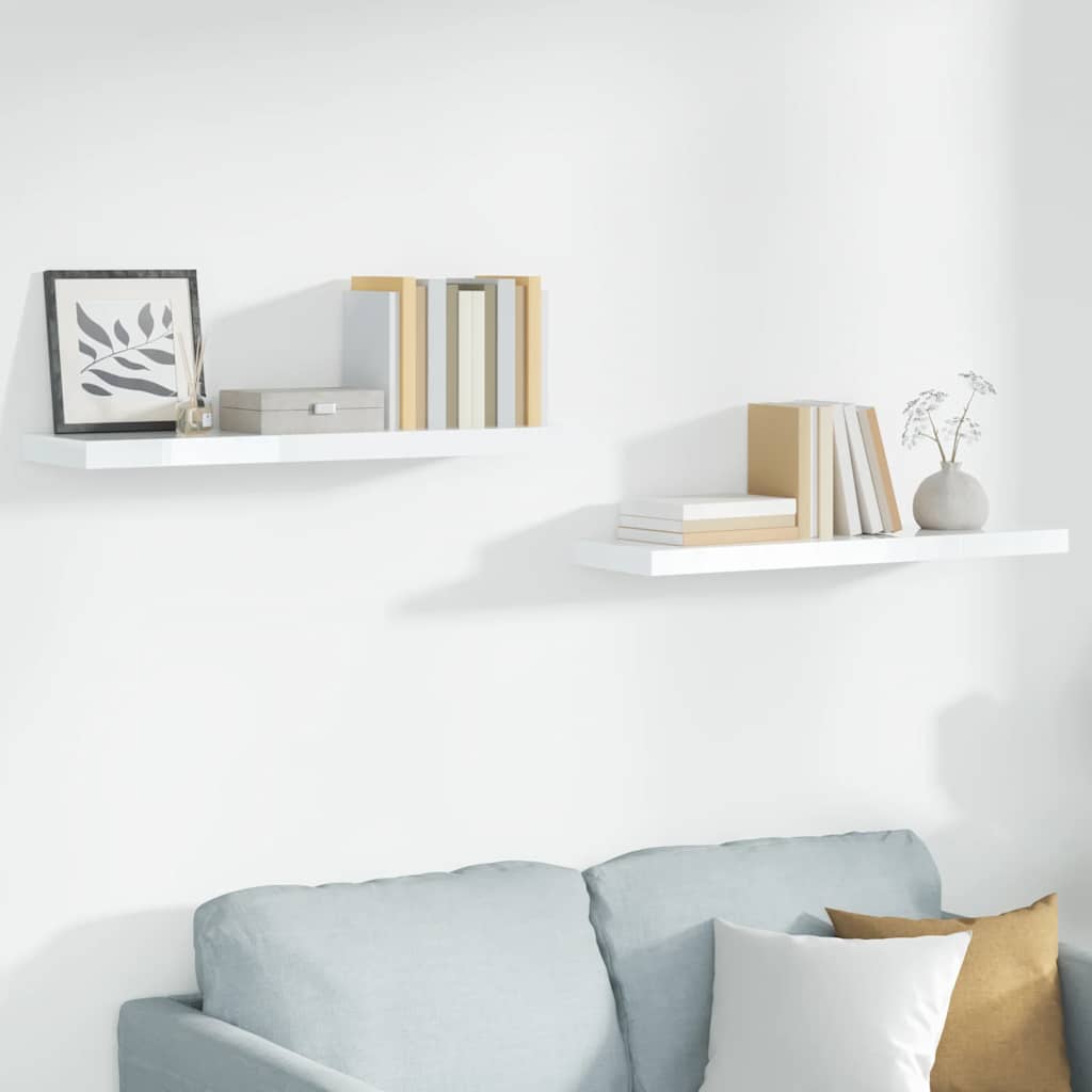 Svävande vägghyllor 2 st vit högglans 90x23,5x3,8 cm MDF