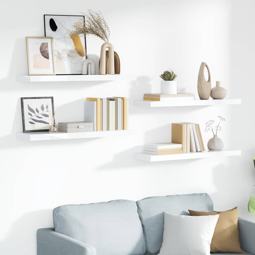 Svävande vägghyllor 4 st vit högglans 90x23,5x3,8 cm MDF