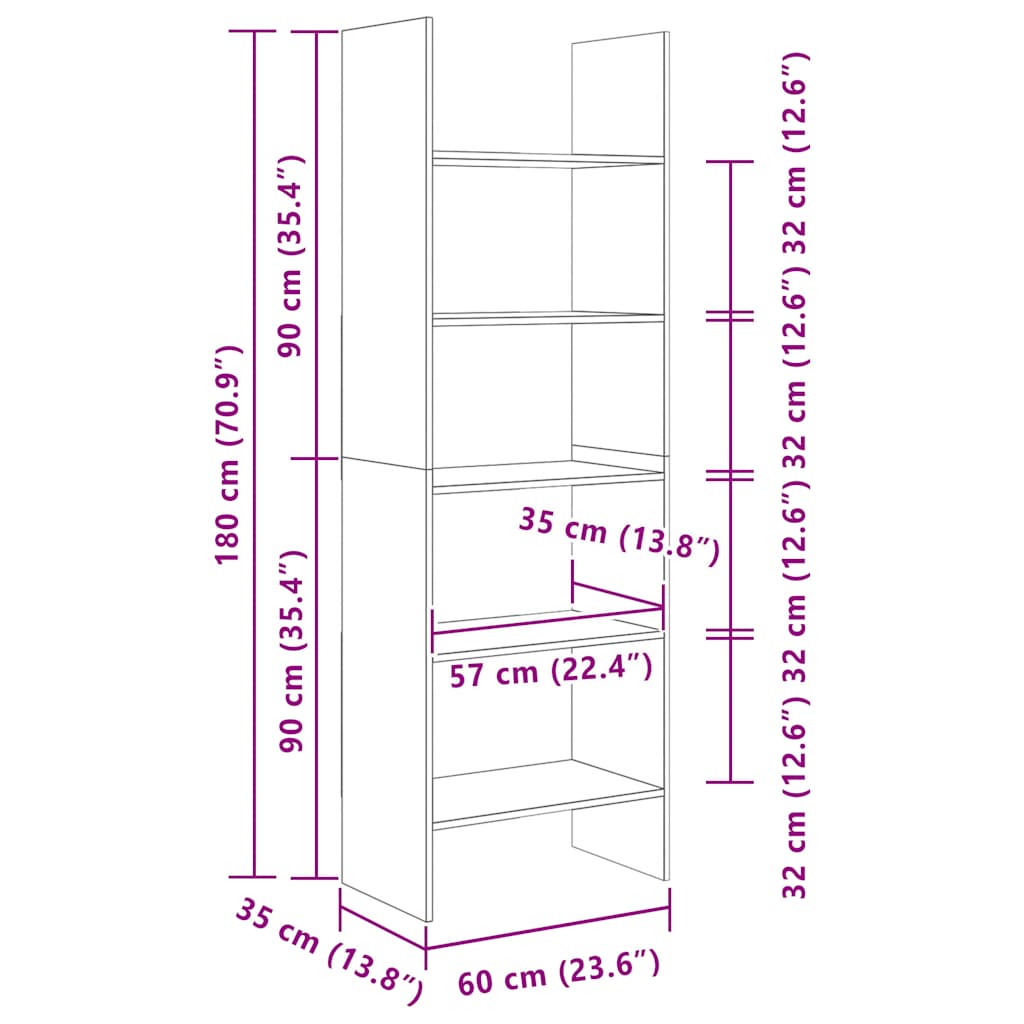 Bokhylla vit 60x35x180 cm konstruerat trä