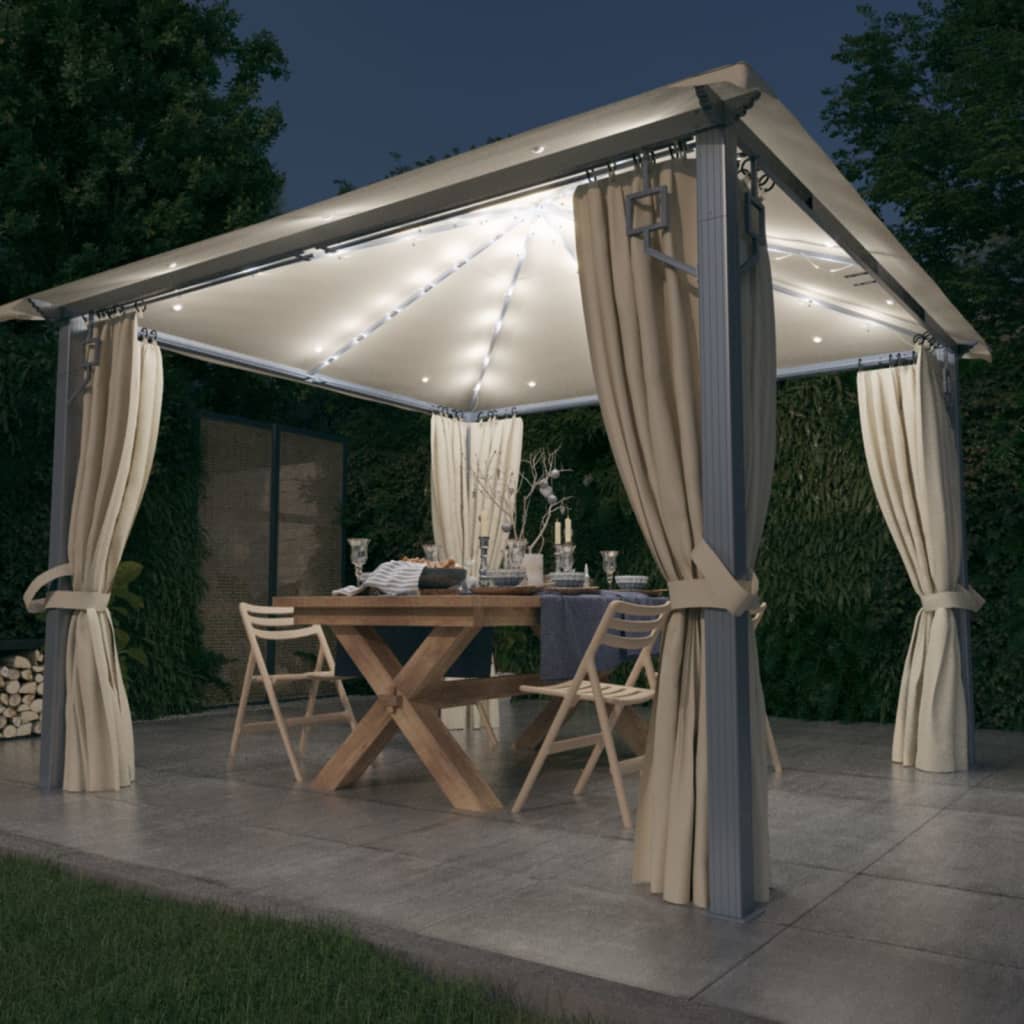 Paviljong med gardin & ljusslinga LED 3x3 m gräddvit aluminium