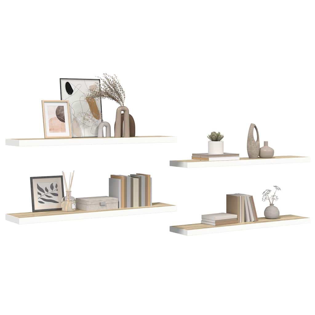 Svävande vägghyllor 4 st ek och vit 120x23,5x3,8 cm MDF