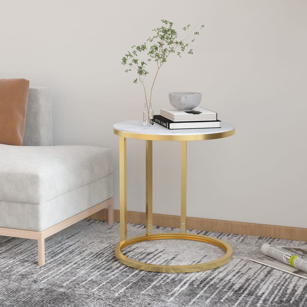 Sidobord guld och vit marmor 45 cm härdat glas