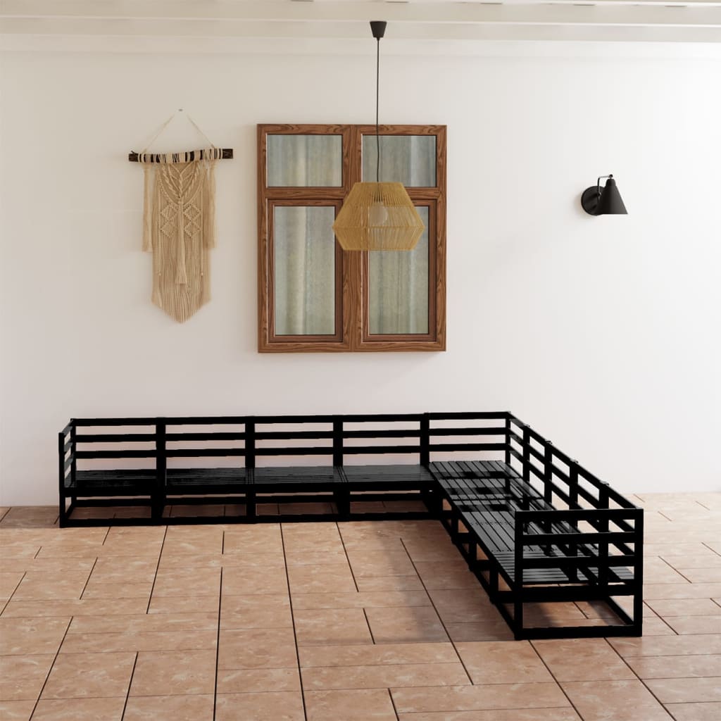 Loungegrupp för trädgården 9 delar svart massiv furu