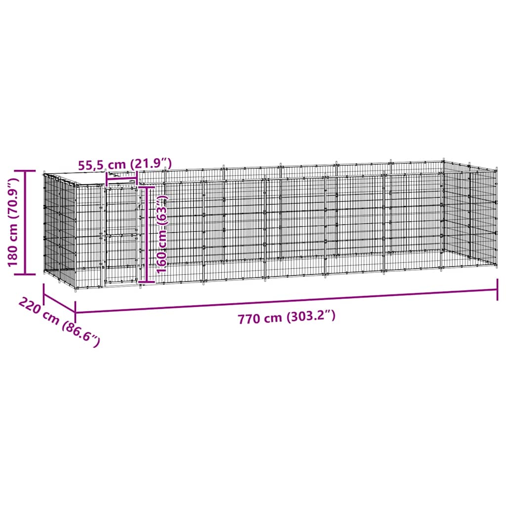 Hundgård för utomhusbruk galvaniserat stål med tak 16,94 m²