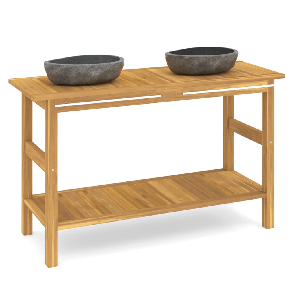 Handfatsbänk med handfat i flodsten massiv teak