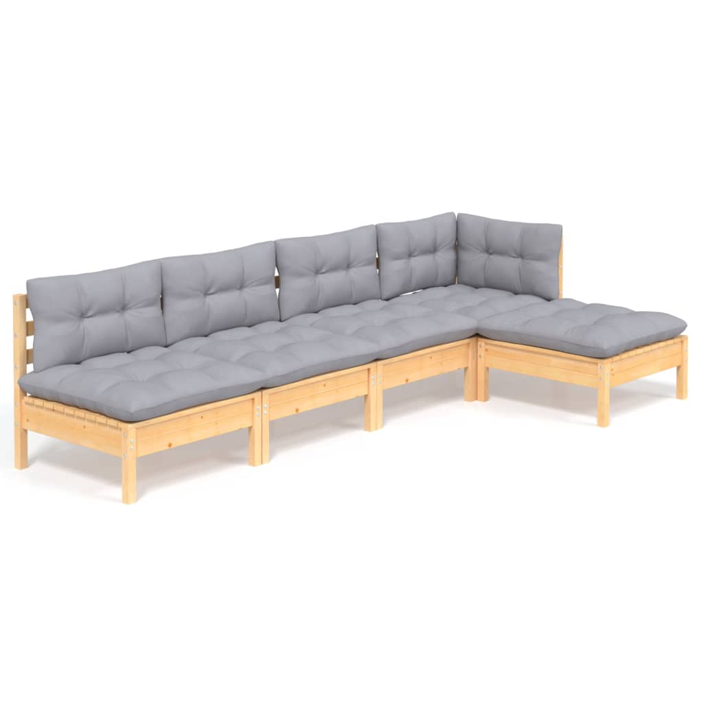 Loungegrupp med grå dynor 5 delar massiv furu