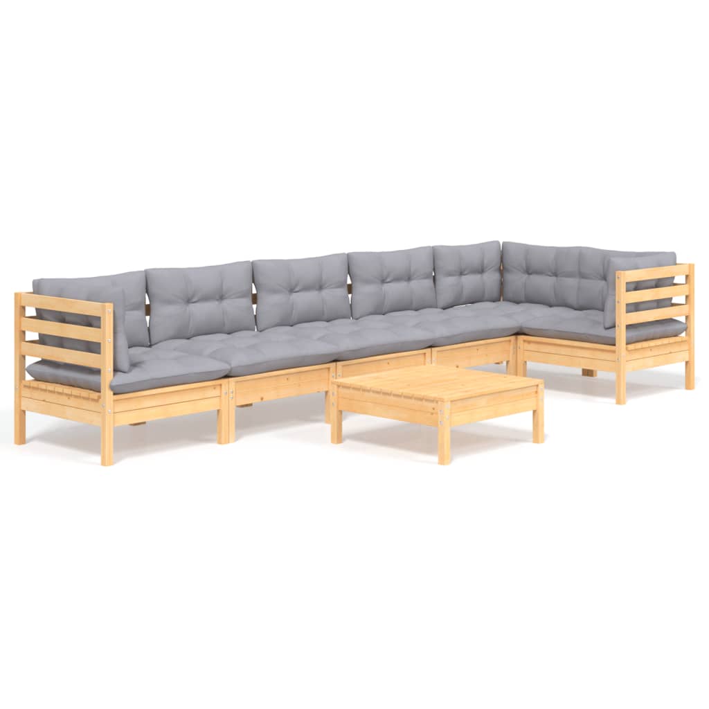 Loungegrupp med grå dynor 7 delar massiv furu