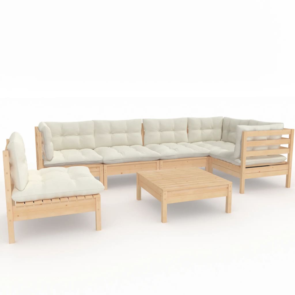 Loungegrupp med gräddvita dynor 7 delar massiv furu