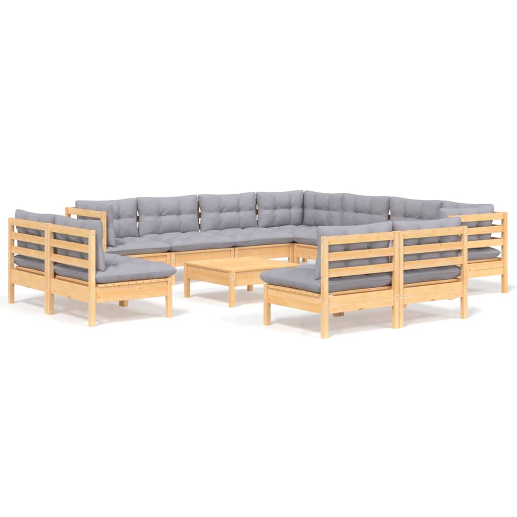 Loungegrupp med grå dynor 12 delar massiv furu