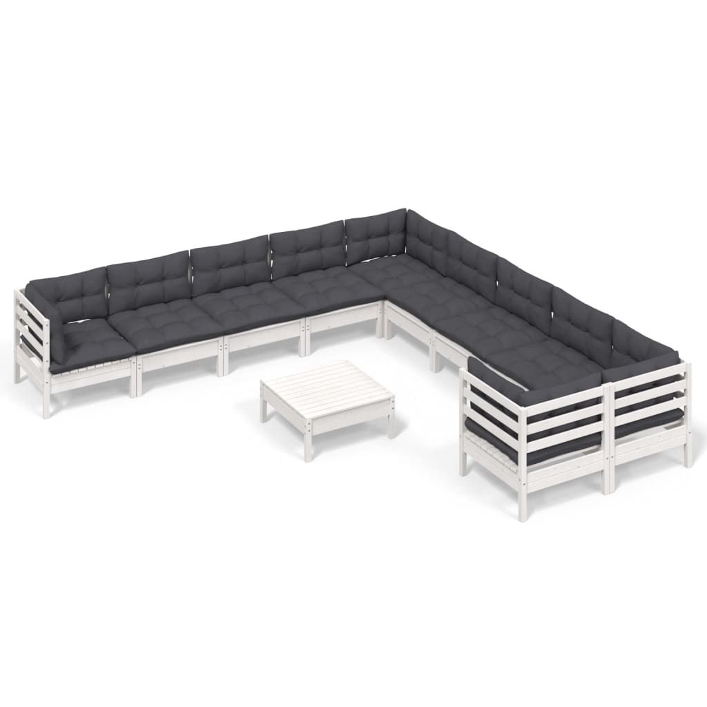 Loungegrupp med dynor 11 delar vit massiv furu