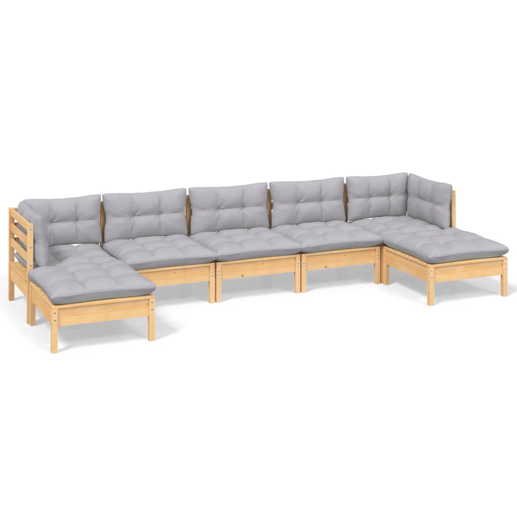 Loungegrupp med grå dynor 7 delar massiv furu