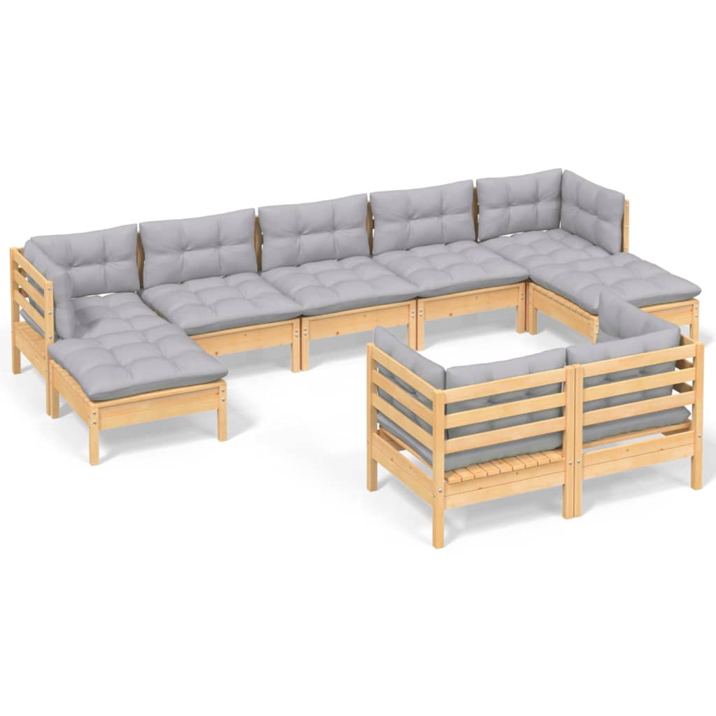Loungegrupp med grå dynor 9 delar massiv furu