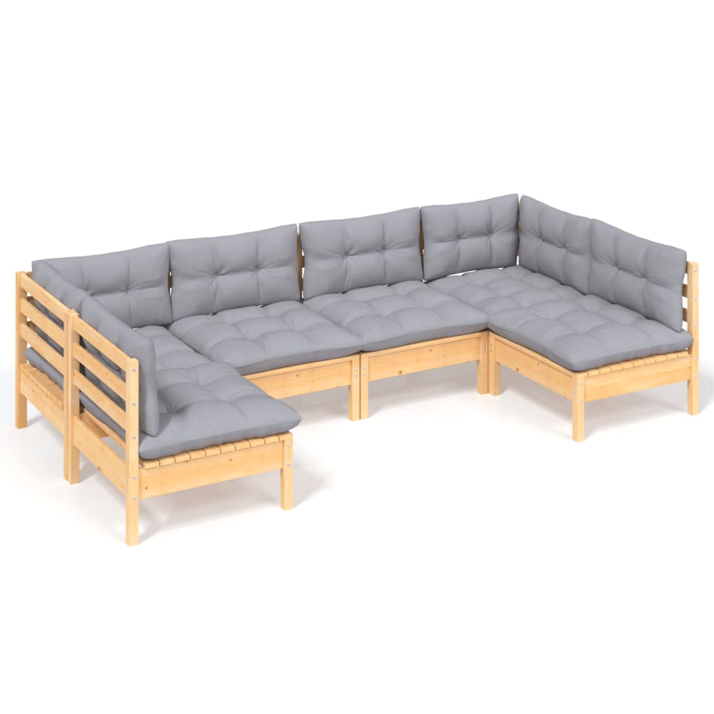 Loungegrupp med grå dynor 6 delar massiv furu