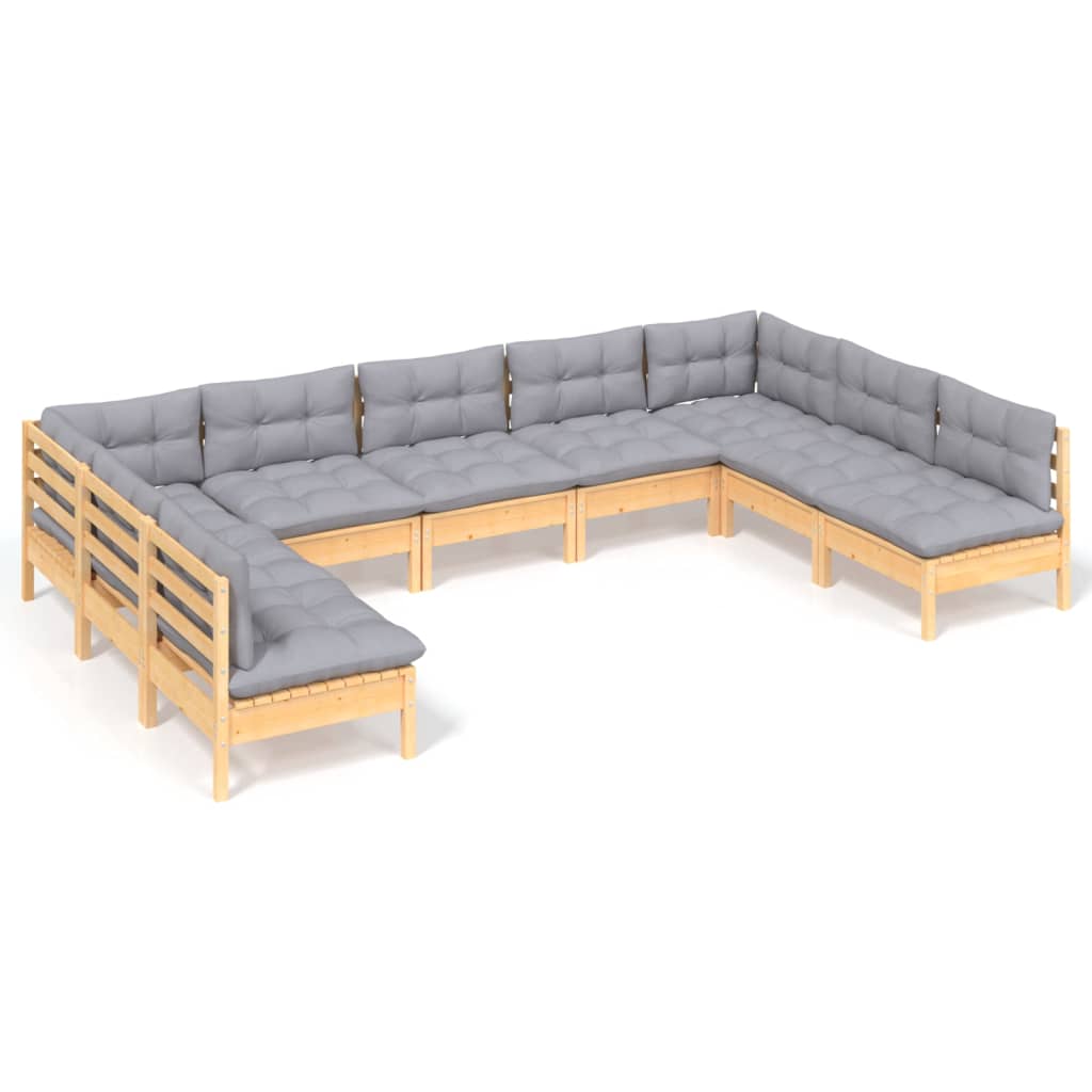 Loungegrupp med grå dynor 9 delar massiv furu