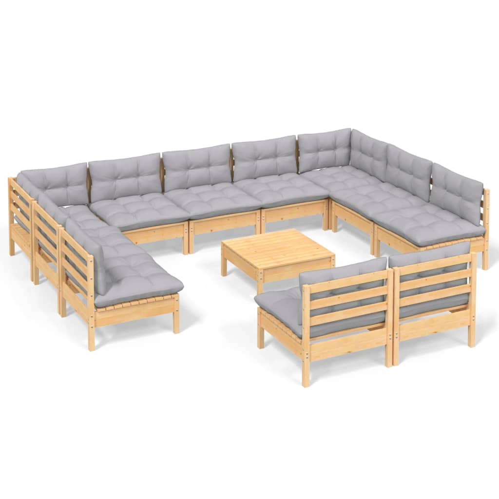 Loungegrupp med grå dynor 12 delar massiv furu