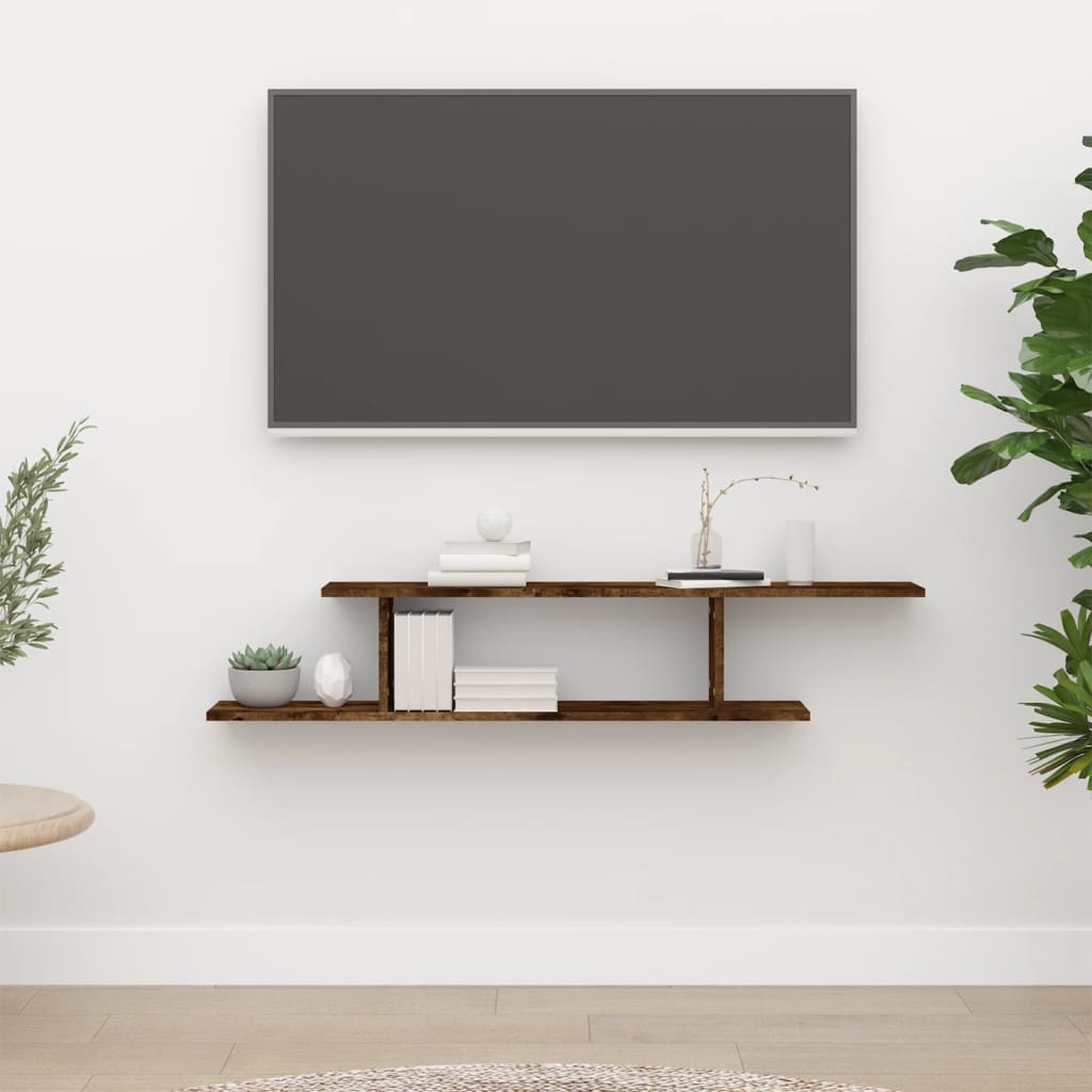 Väggmonterad tv-hylla rökfärgad ek 125x18x23 cm konstruerat trä