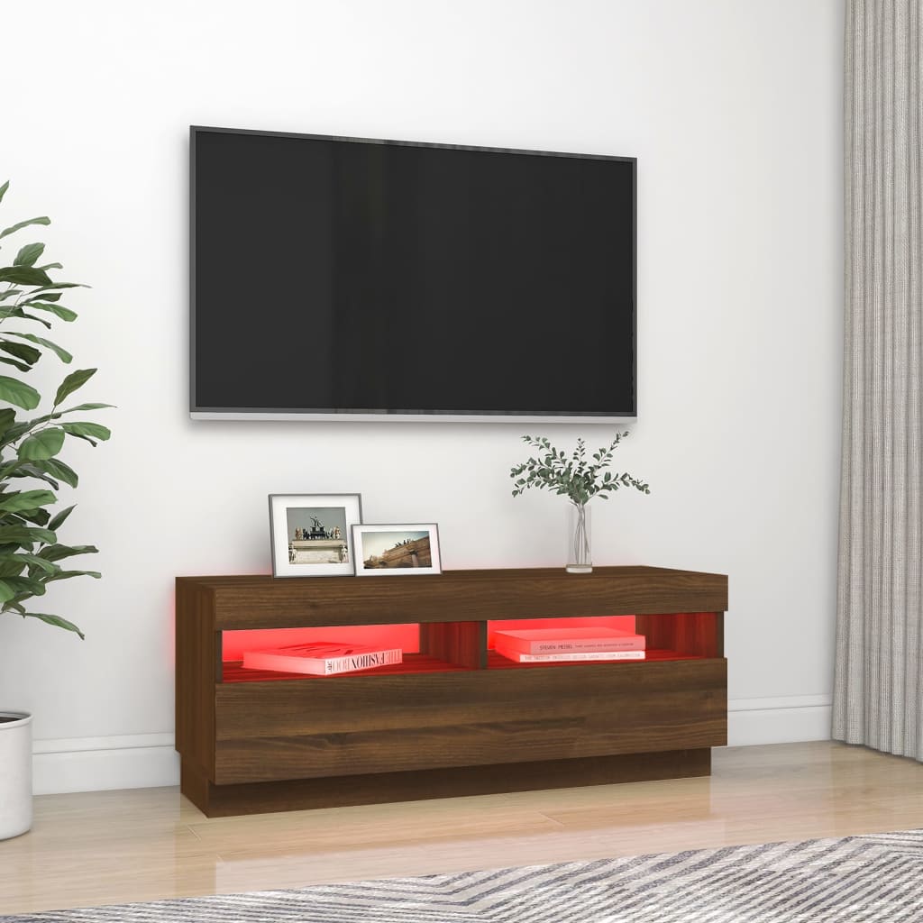 Tv-bänk med LED-belysning brun ek 100x35x40 cm